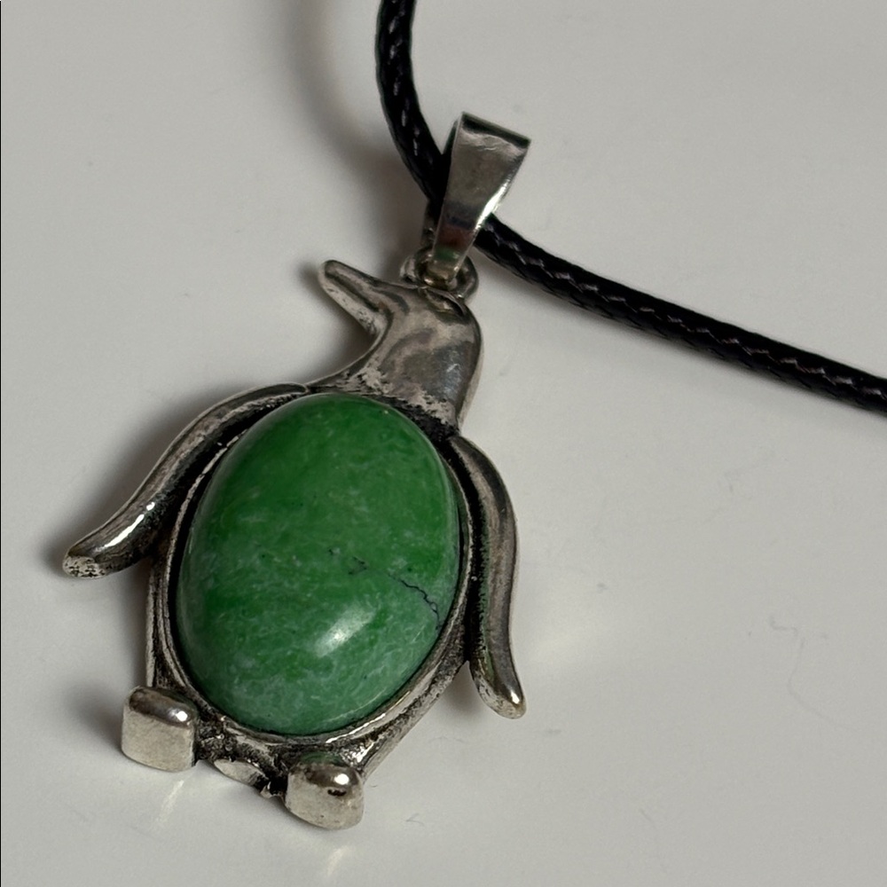Silver Penguin Pendant with Green Stone necklace